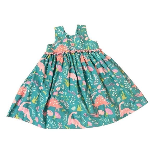 Eleanor Rose Lacey Dress Teal Pink Dinosaur Brontosaurus Stegosaurus Size 7-8 - Picture 1 of 4